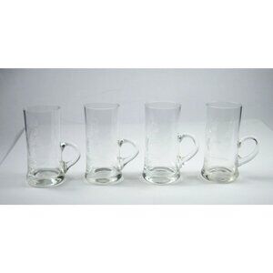 Set Of 4 Clear Floral Etched Glass Drinking Mugs Shot Glass Hot Toddy Barware